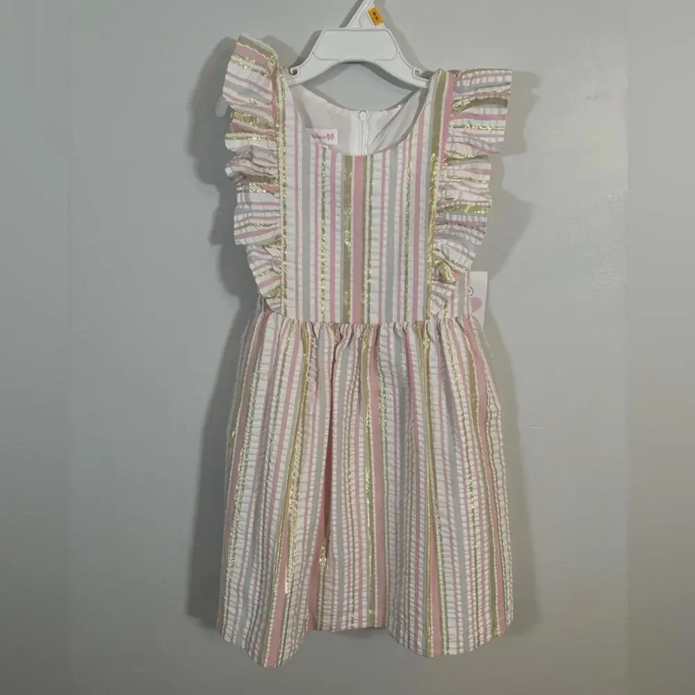 Bonnie Jean Girls Pink Gold Stripe Party Dress 6X NWT $76 Ruffle Sleeveless